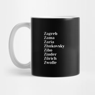 Cities starting with the letter, Z, Mug, Tote, Pin Mug